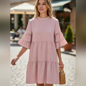 Zanzea Blush Pink Tiered Midi Dress
